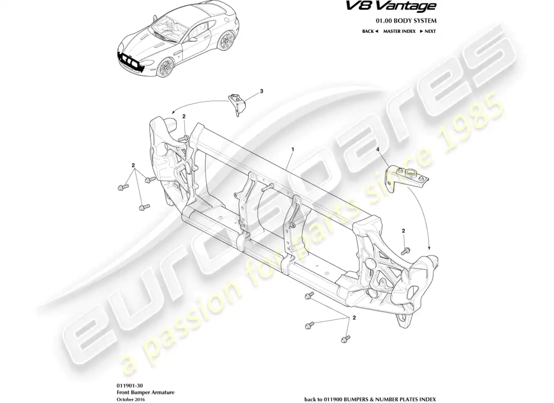 aston martin v8 vantage (2008) diagrama de piezas de la armadura del parachoques delantero
