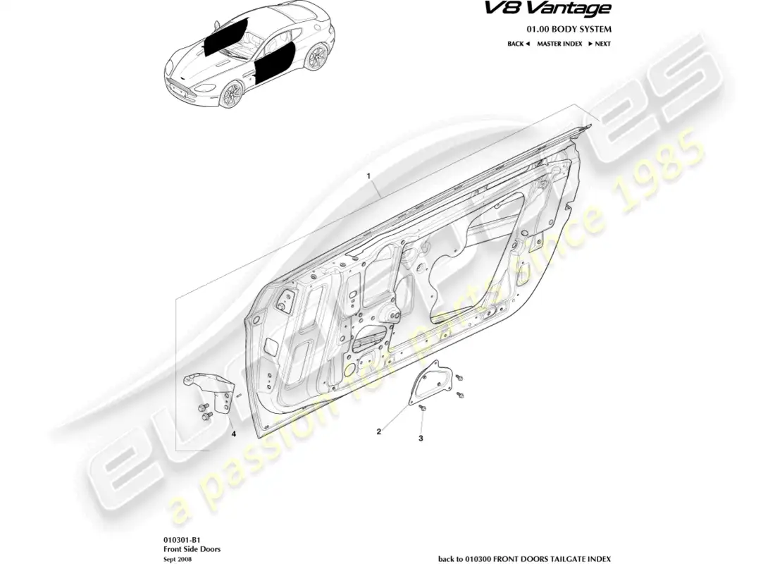 aston martin v8 vantage (2008) diagrama de piezas de las puertas laterales delanteras