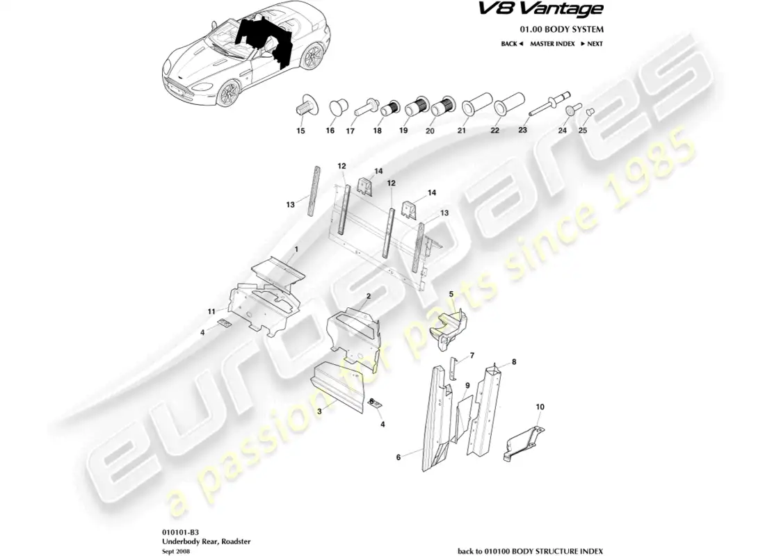 aston martin v8 vantage (2008) diagrama de piezas del roadster, parte trasera de la parte inferior de la carrocería