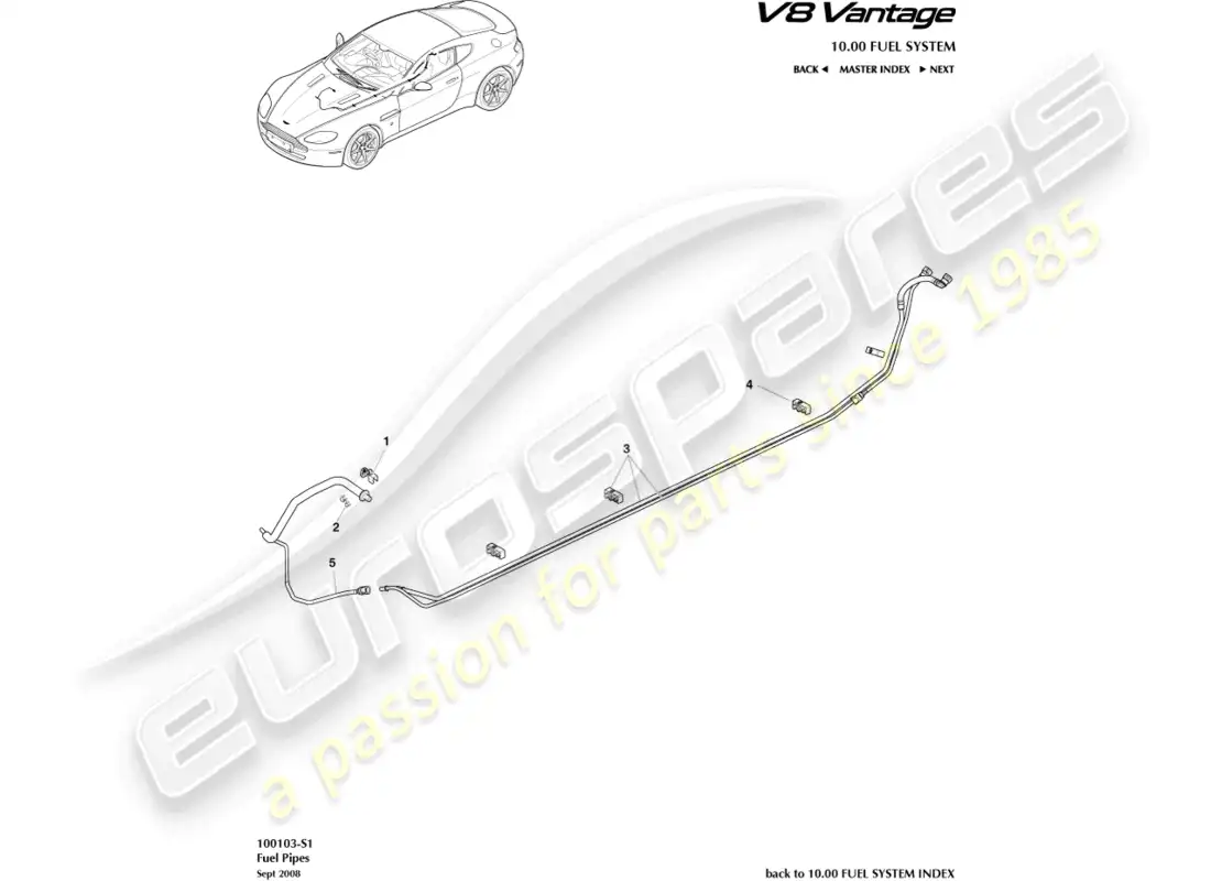 aston martin v8 vantage (2008) diagrama de piezas de tuberías de combustible