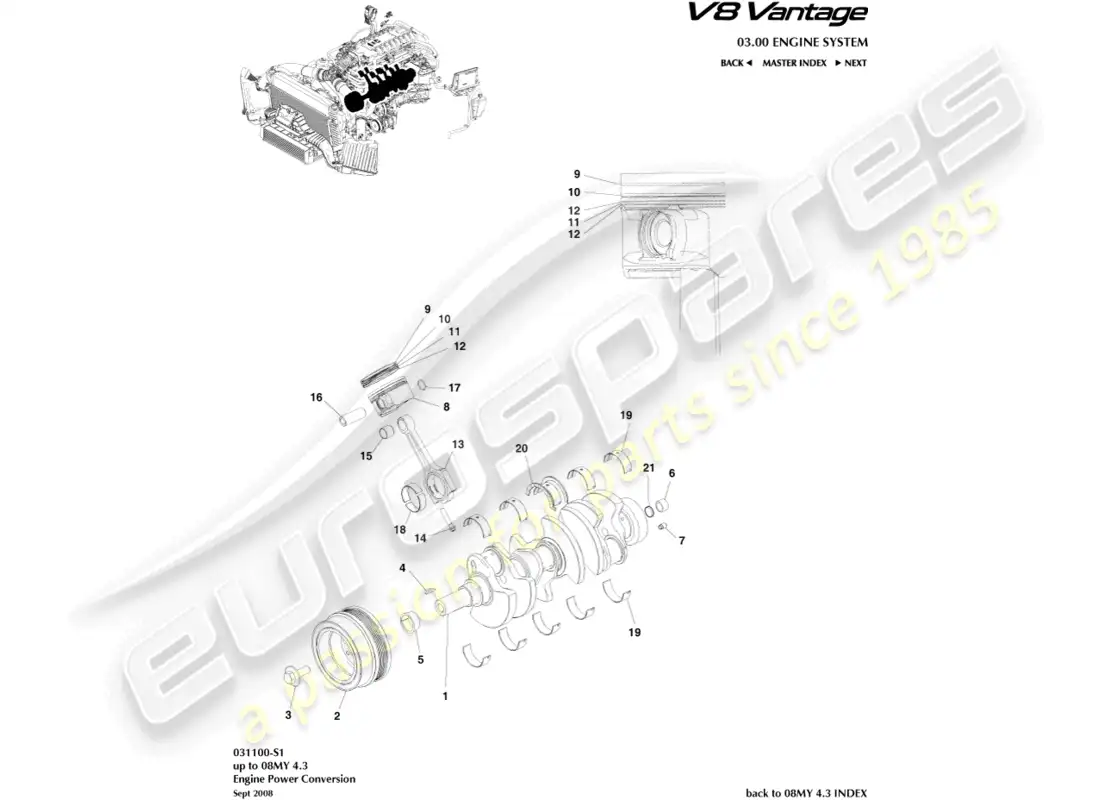 aston martin v8 vantage (2008) diagrama de piezas de conversión de energía