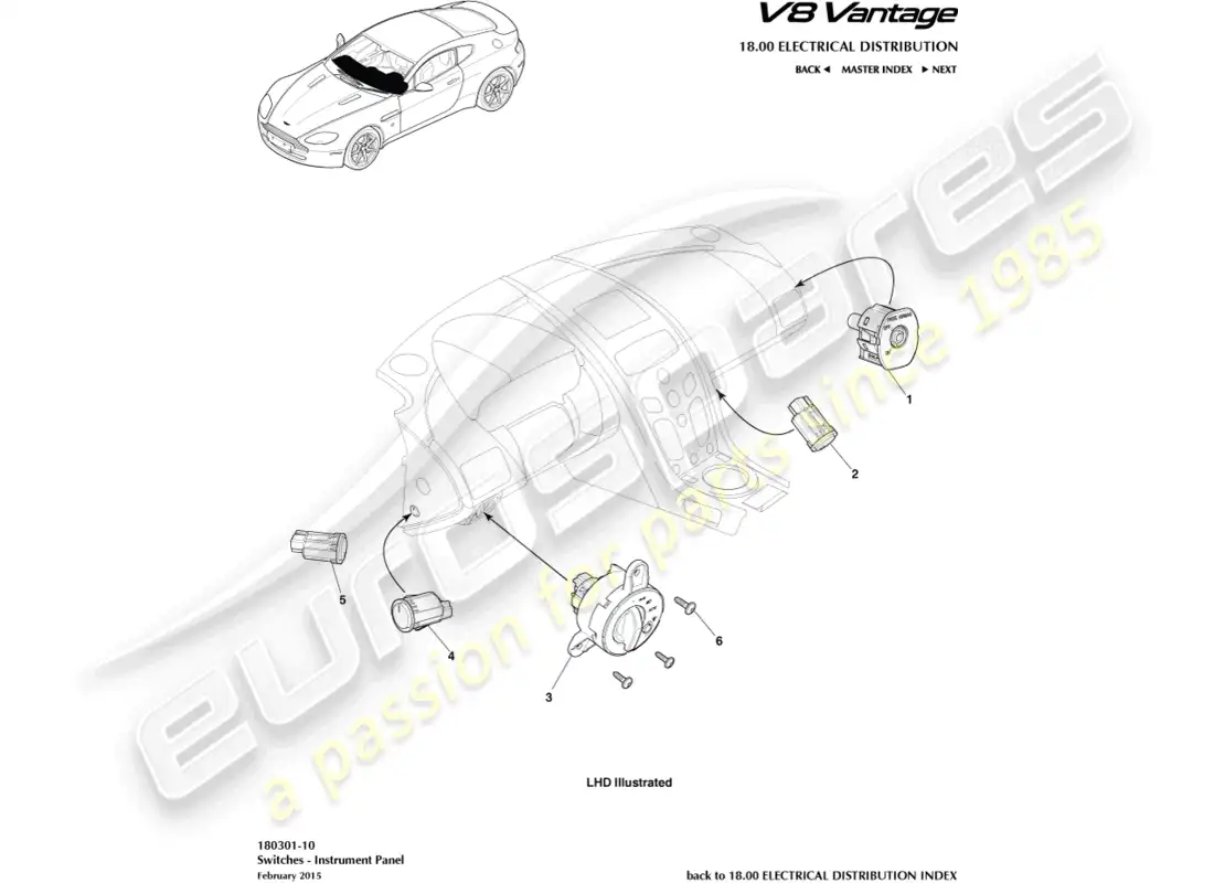 aston martin v8 vantage (2008) conmutadores ip, 16my diagrama de piezas