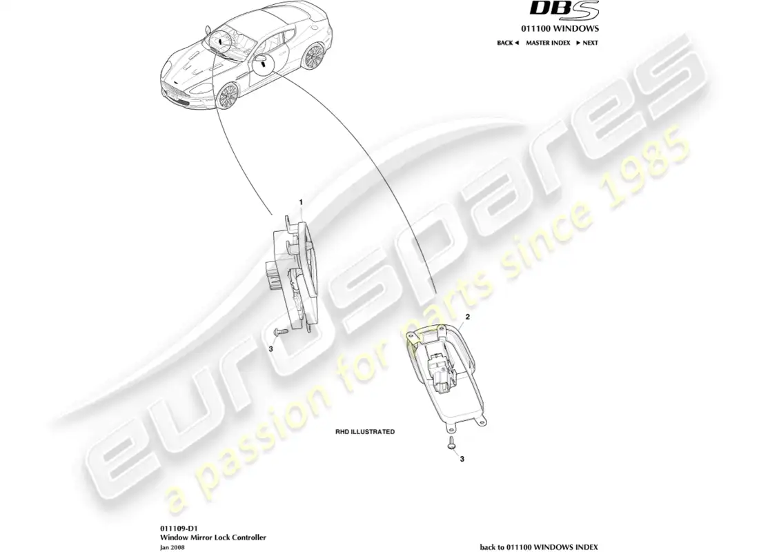 aston martin dbs (2011) controlador de bloqueo de ventana/espejo diagrama de piezas