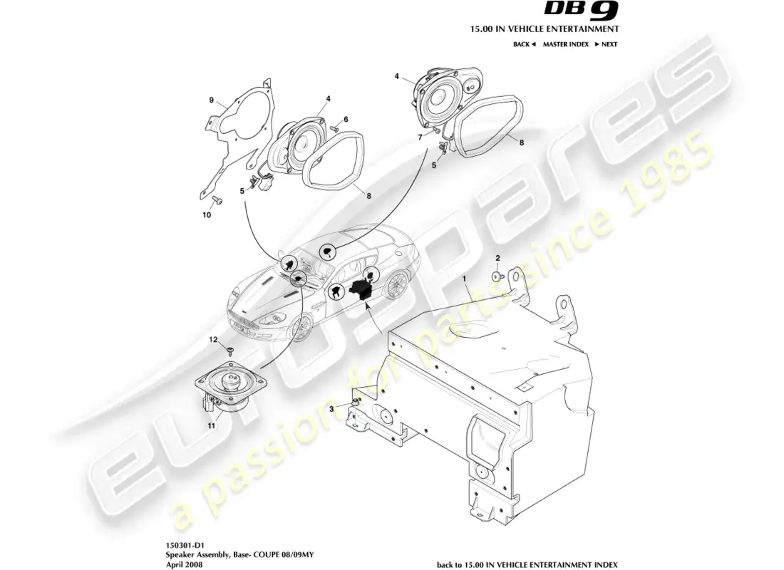 aston martin db9 (2012) diagrama de piezas de altavoz, base y cupé