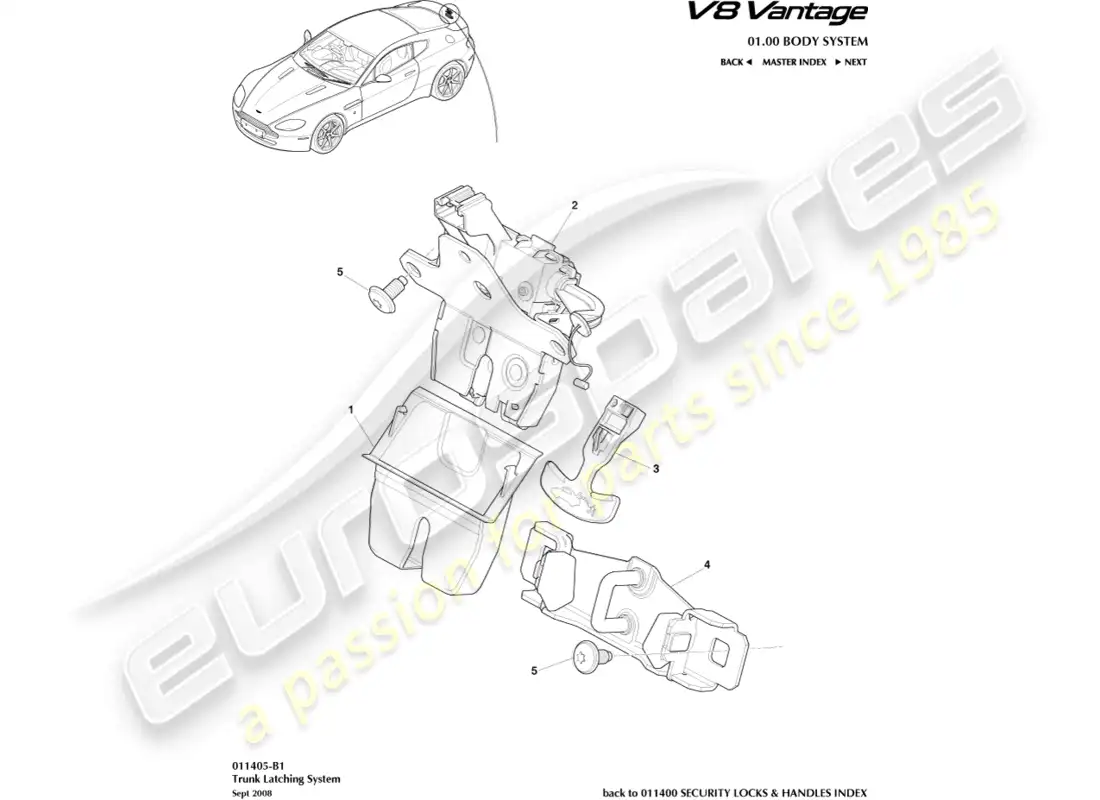 aston martin v8 vantage (2008) diagrama de piezas del sistema de cierre del maletero
