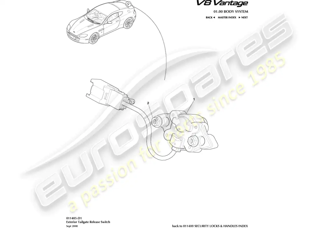 aston martin v8 vantage (2008) diagrama de piezas de liberación del portón trasero