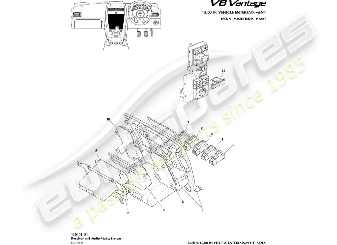 aston martin v8 vantage (2008) diagrama de piezas de controles multimedia