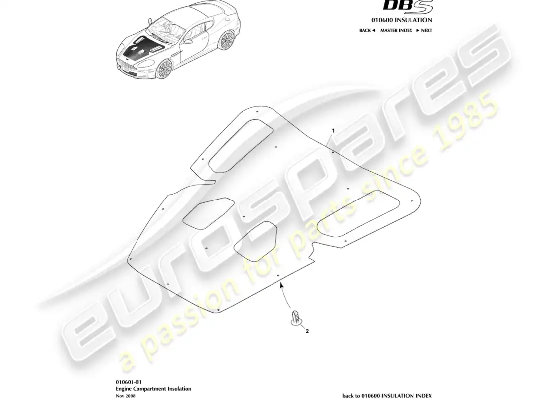aston martin dbs (2014) aislamiento acústico, compensación del motor. diagrama de piezas