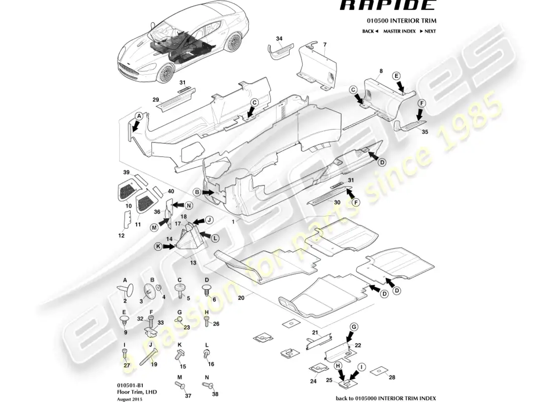 aston martin rapide (2010) moldura del piso principal, lhd diagrama de piezas