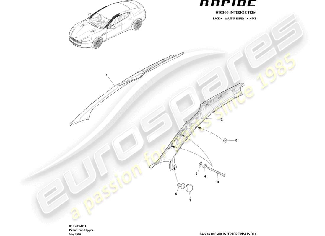 aston martin rapide (2013) un diagrama de piezas de moldura de pilar