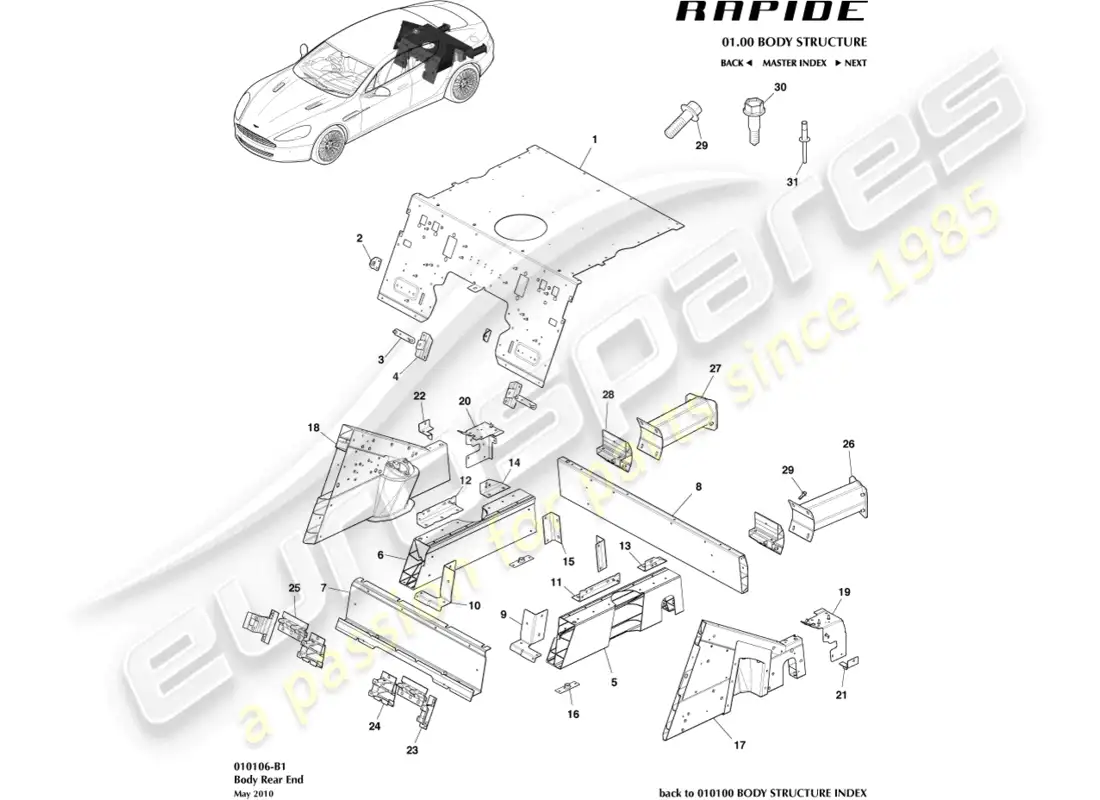 aston martin rapide (2012) diagrama de piezas del extremo trasero de la carrocería