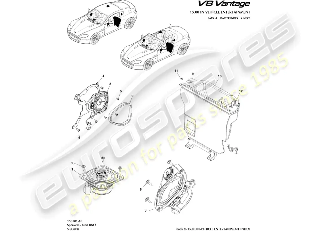 aston martin v8 vantage (2008) altavoz, diagrama de pieza base