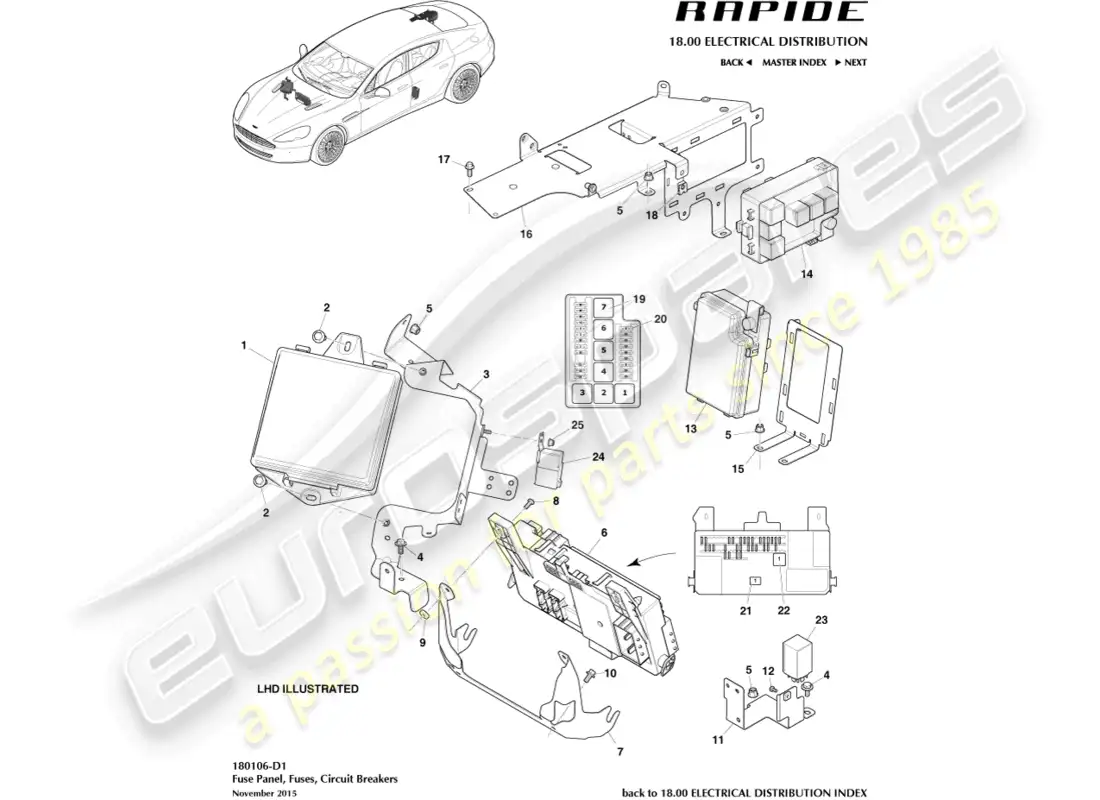 aston martin rapide (2013) paneles de fusibles diagrama de piezas