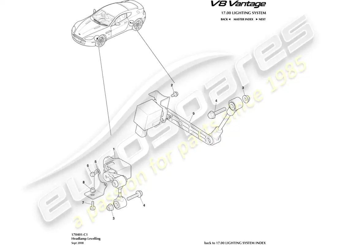 aston martin v8 vantage (2008) diagrama de piezas de nivelación de faros