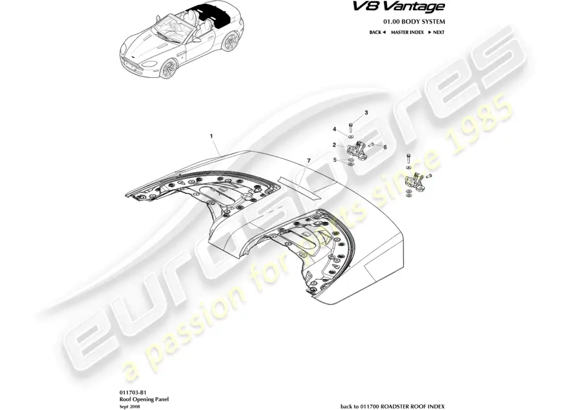aston martin v8 vantage (2008) diagrama de piezas del panel de abertura del techo