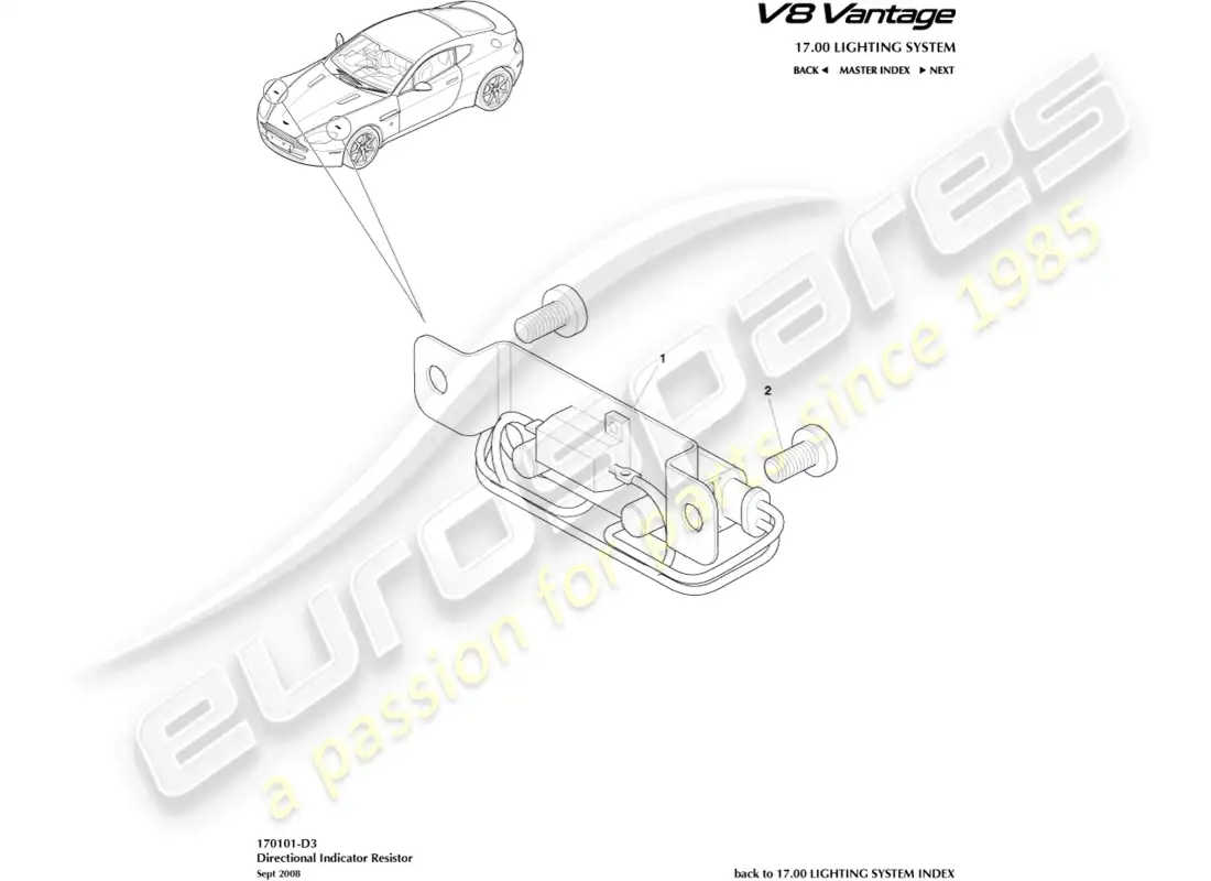 aston martin v8 vantage (2008) diagrama de piezas de la resistencia del indicador direccional