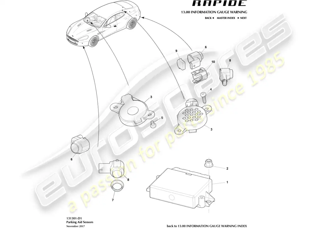 aston martin rapide (2012) parking aid sensors diagrama de piezas