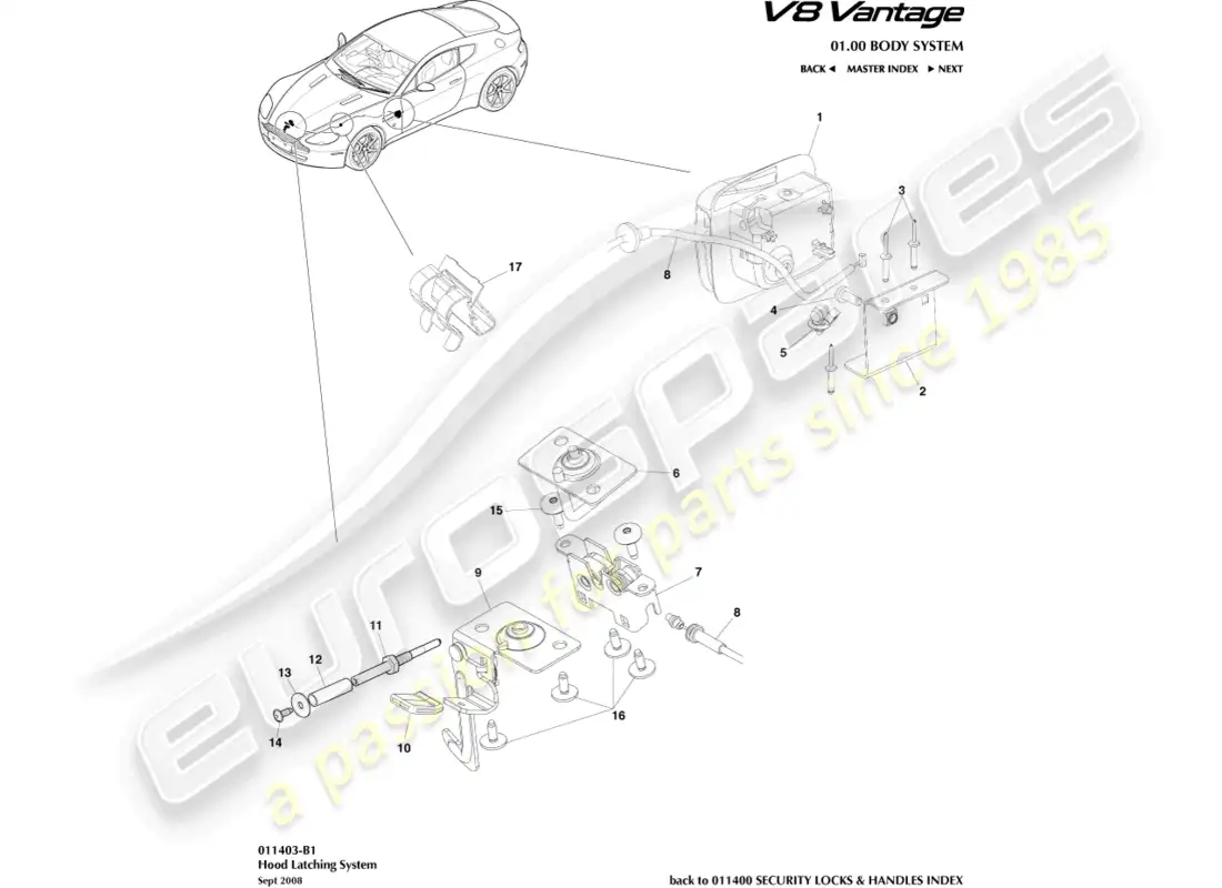 aston martin v8 vantage (2008) diagrama de piezas del sistema de cierre del capó