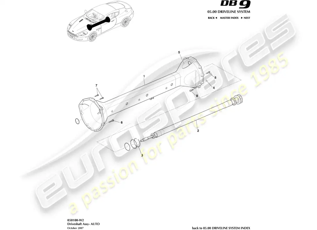 aston martin db9 (2008) conjunto del eje de transmisión, diagrama de piezas de automóvil