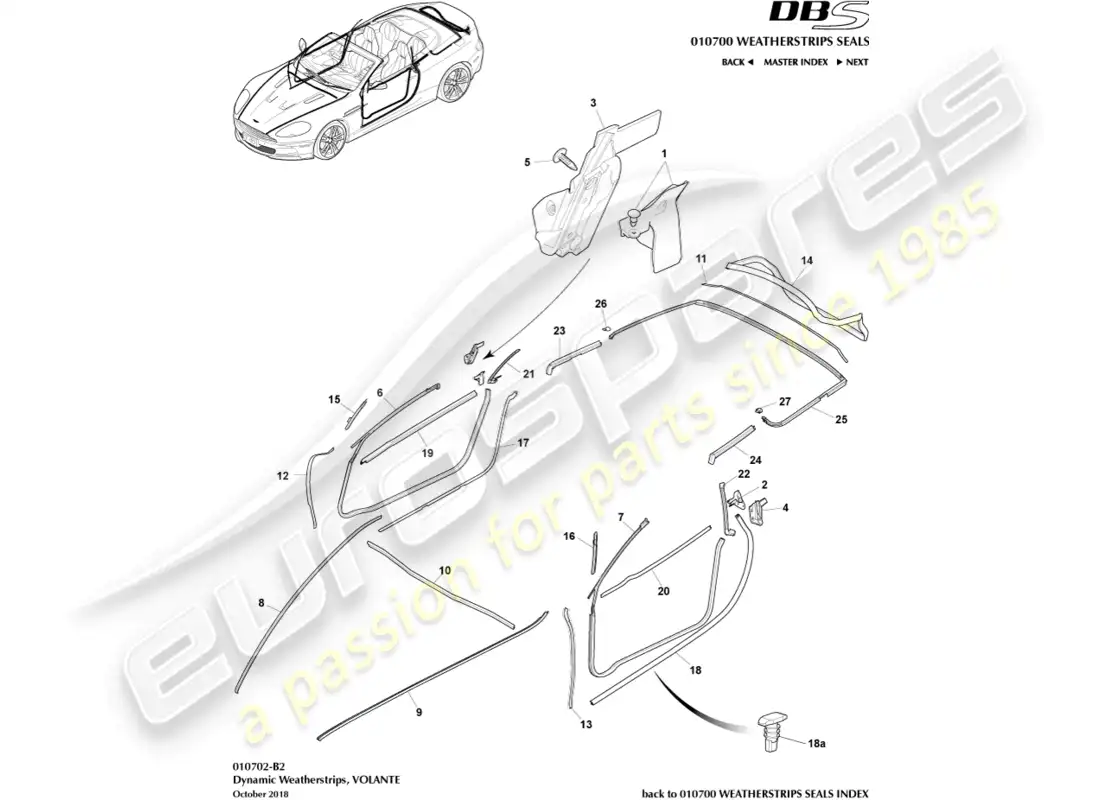 aston martin dbs (2007) burletes dinámicos, volante diagrama de piezas
