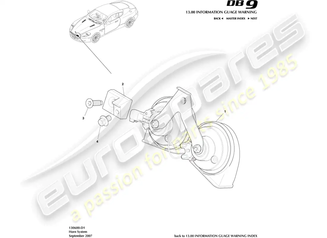 aston martin db9 (2004) horn system diagrama de piezas