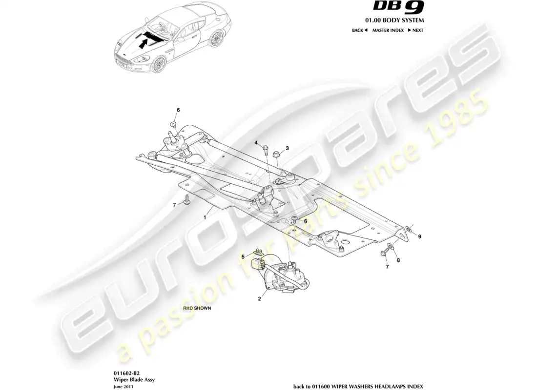 aston martin db9 (2012) conjunto de varillaje de limpiaparabrisas diagrama de piezas