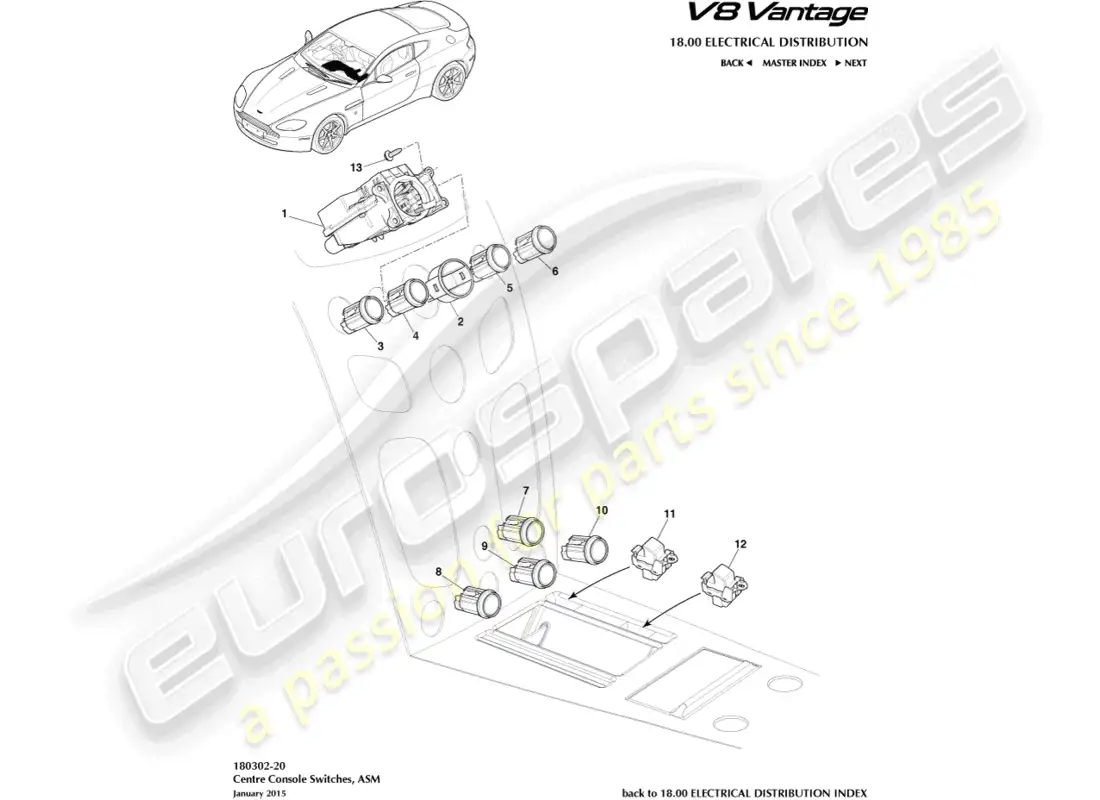aston martin v8 vantage (2008) interruptores del panel central, asm, diagrama de piezas 16my