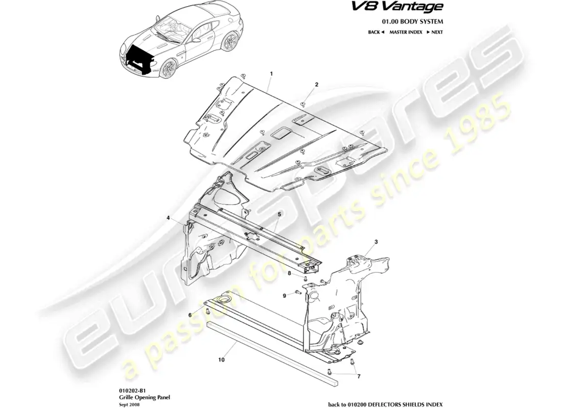 aston martin v8 vantage (2008) diagrama de piezas del panel de apertura de la parrilla