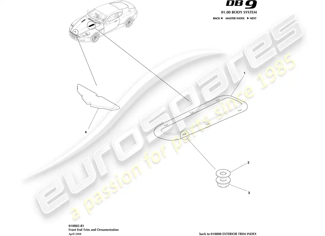 aston martin db9 (2007) ajuste del extremo delantero diagrama de piezas