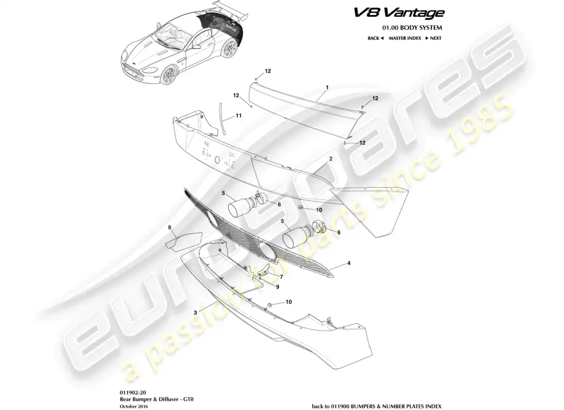 aston martin v8 vantage (2008) parachoques trasero, diagrama de pieza gt8