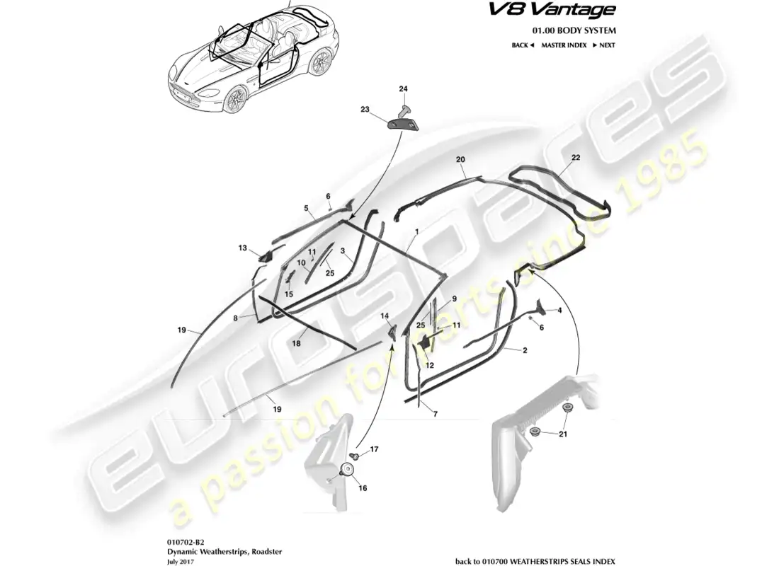 aston martin v8 vantage (2008) burletes dinámicos, diagrama de piezas del roadster