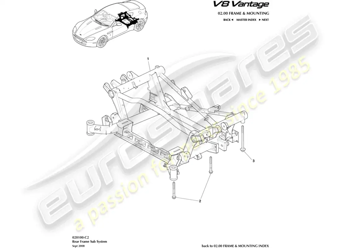 aston martin v8 vantage (2008) diagrama de piezas del subchasis trasero