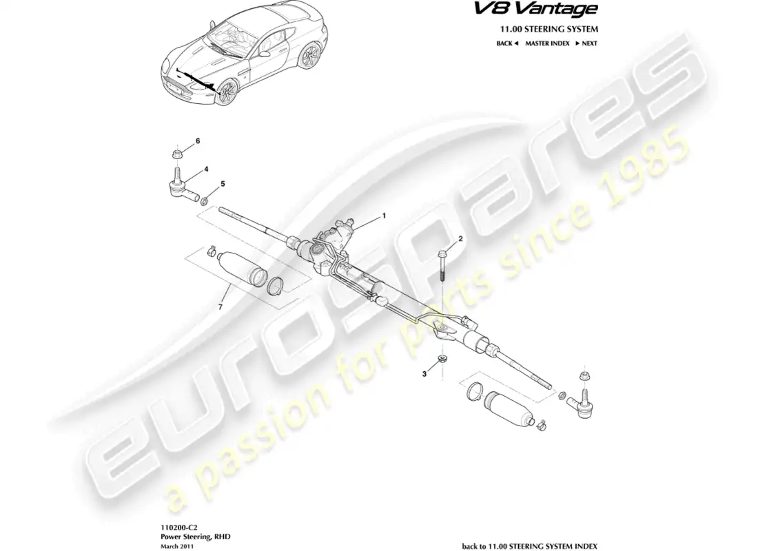 aston martin v8 vantage (2008) diagrama de piezas de dirección asistida, volante a la derecha