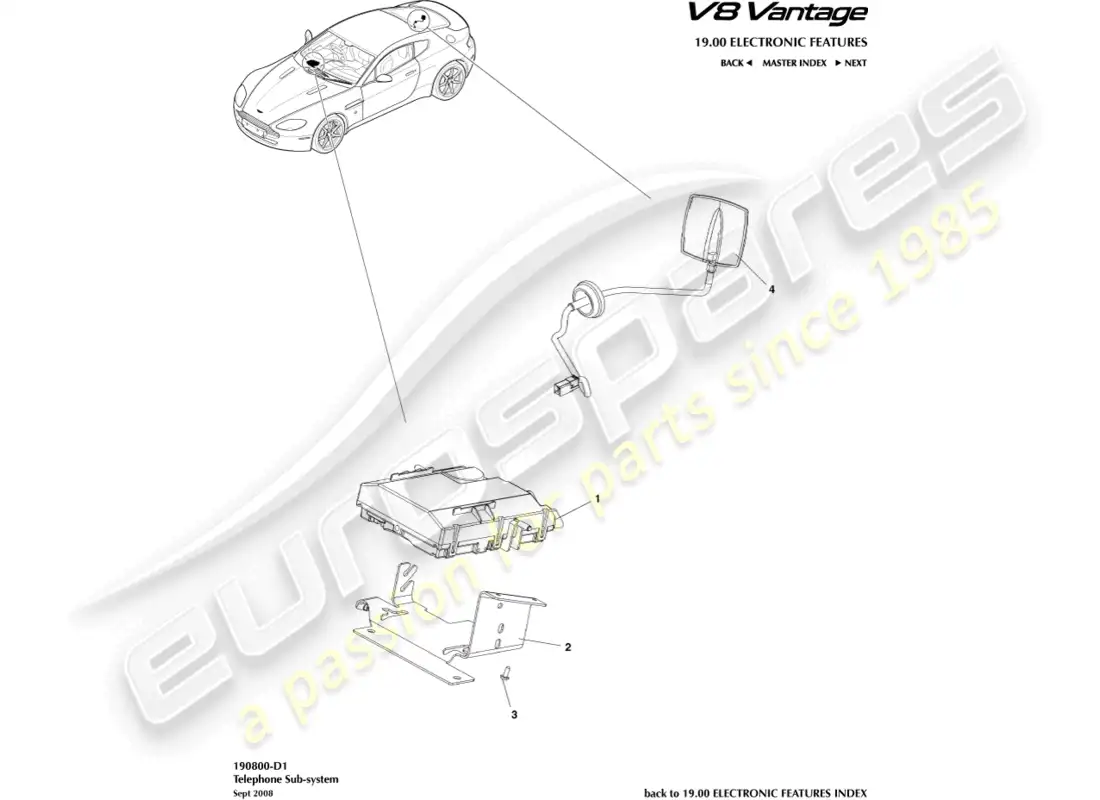 aston martin v8 vantage (2008) diagrama de piezas del subsistema telefónico