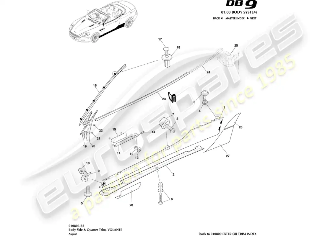 aston martin db9 (2007) molduras laterales y laterales, volante diagrama de piezas