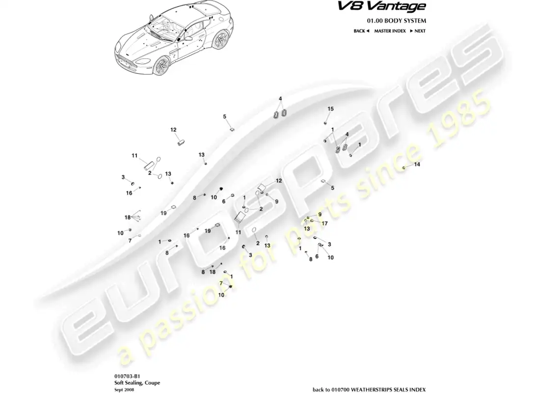 aston martin v8 vantage (2008) diagrama de piezas de sellado blando, cupé