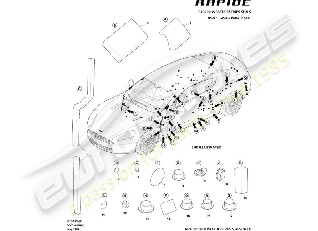 aston martin rapide (2014) diagrama de piezas de sellado blando
