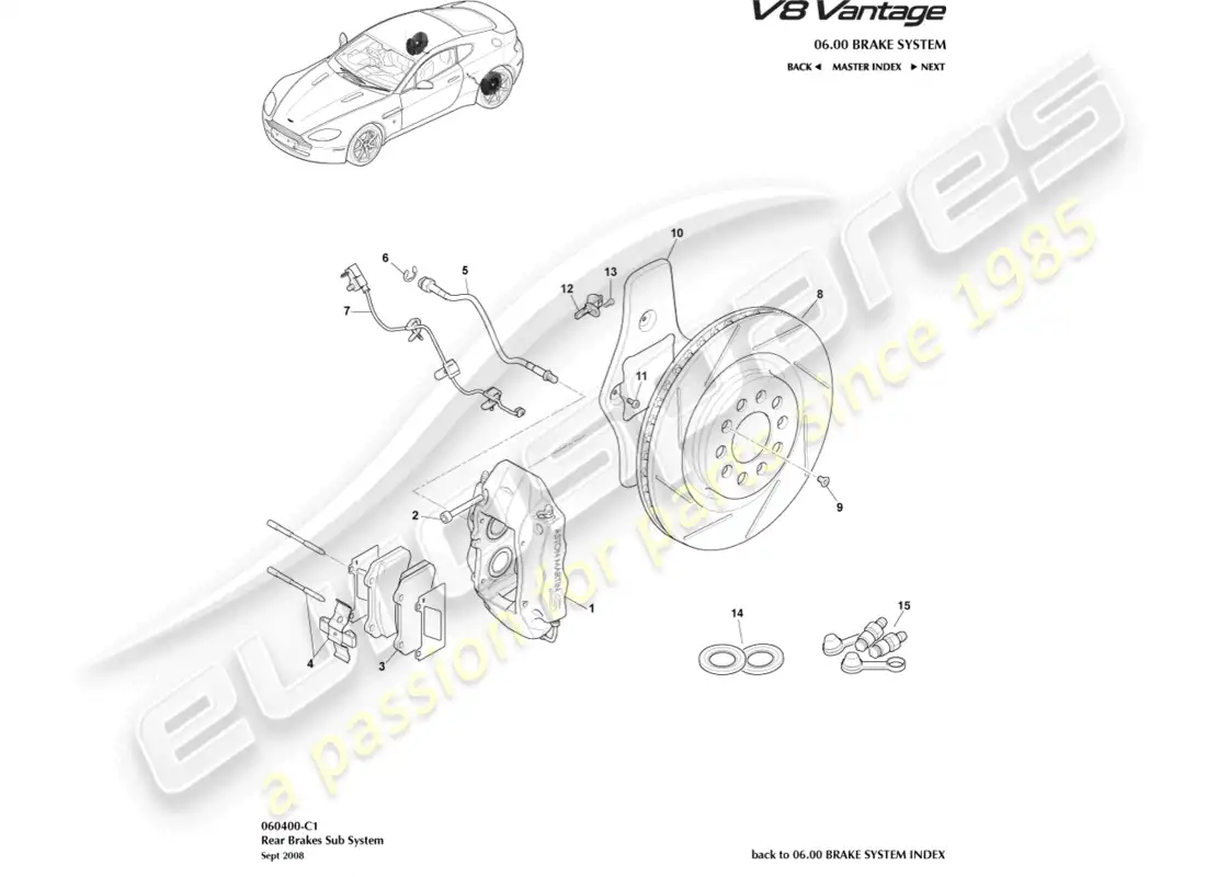 aston martin v8 vantage (2008) diagrama de piezas del sistema de freno trasero