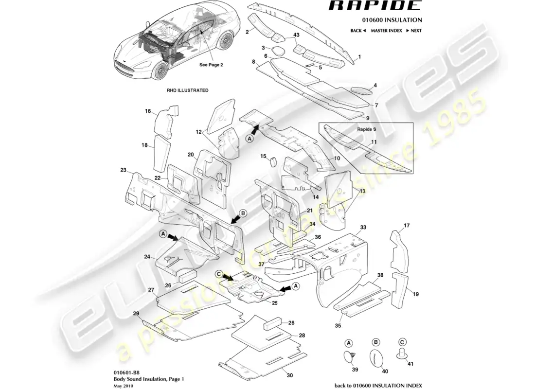 aston martin rapide (2011) aislamiento acústico, frontal diagrama de piezas