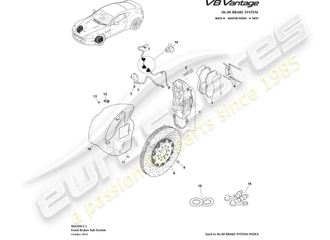 aston martin v8 vantage (2008) diagrama de piezas del sistema de freno delantero