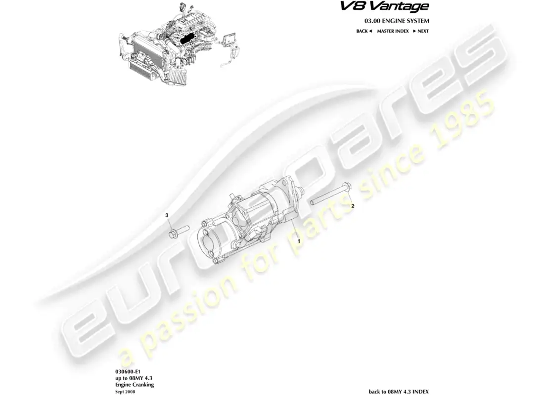 aston martin v8 vantage (2008) diagrama de piezas del motor de arranque