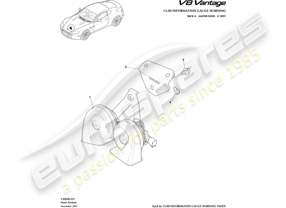 aston martin v8 vantage (2008) diagrama de piezas del sistema de bocina