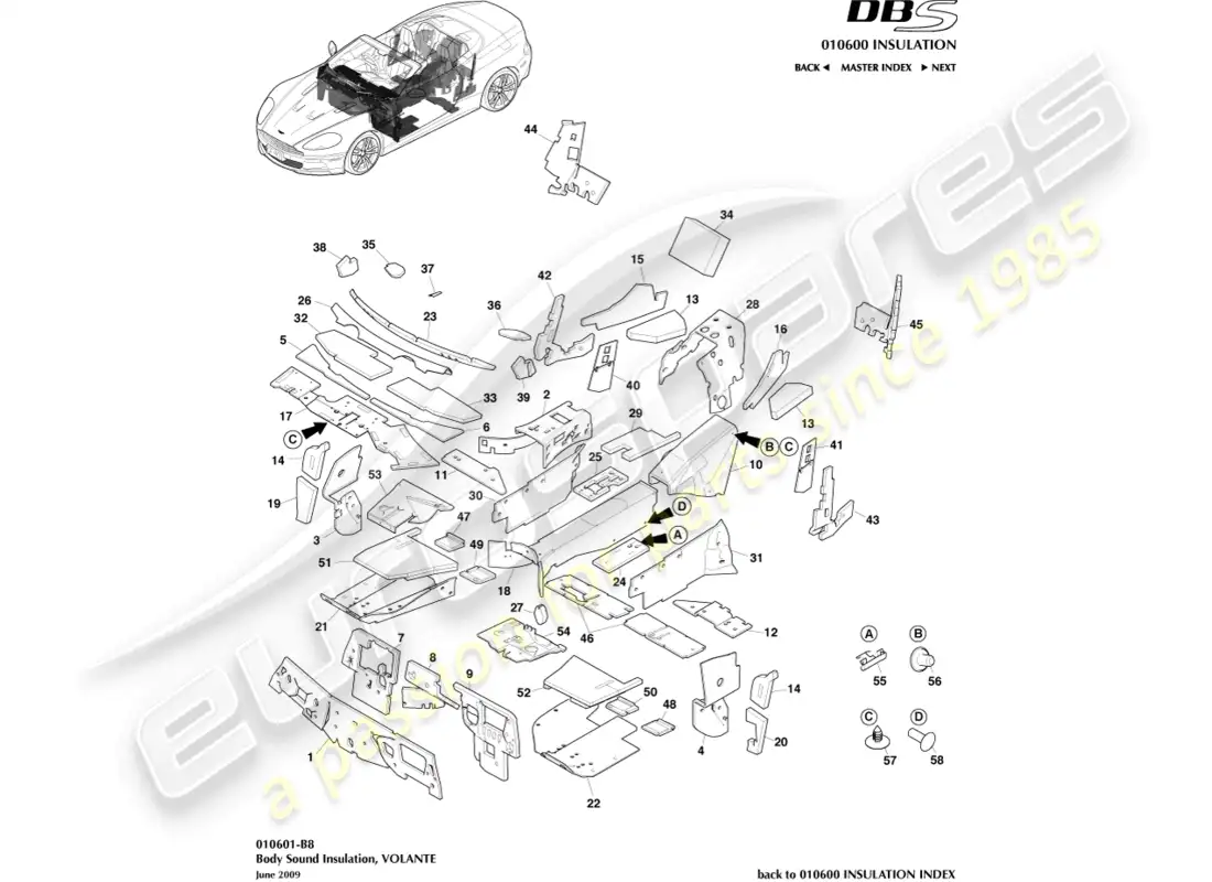 aston martin dbs (2014) aislamiento corporal, volante diagrama de piezas
