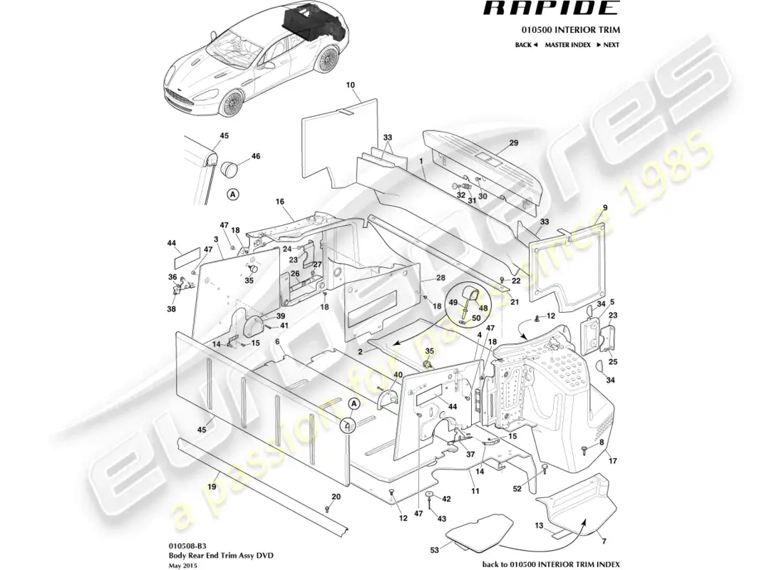 aston martin rapide (2016) revestimiento del compartimento de carga diagrama de piezas