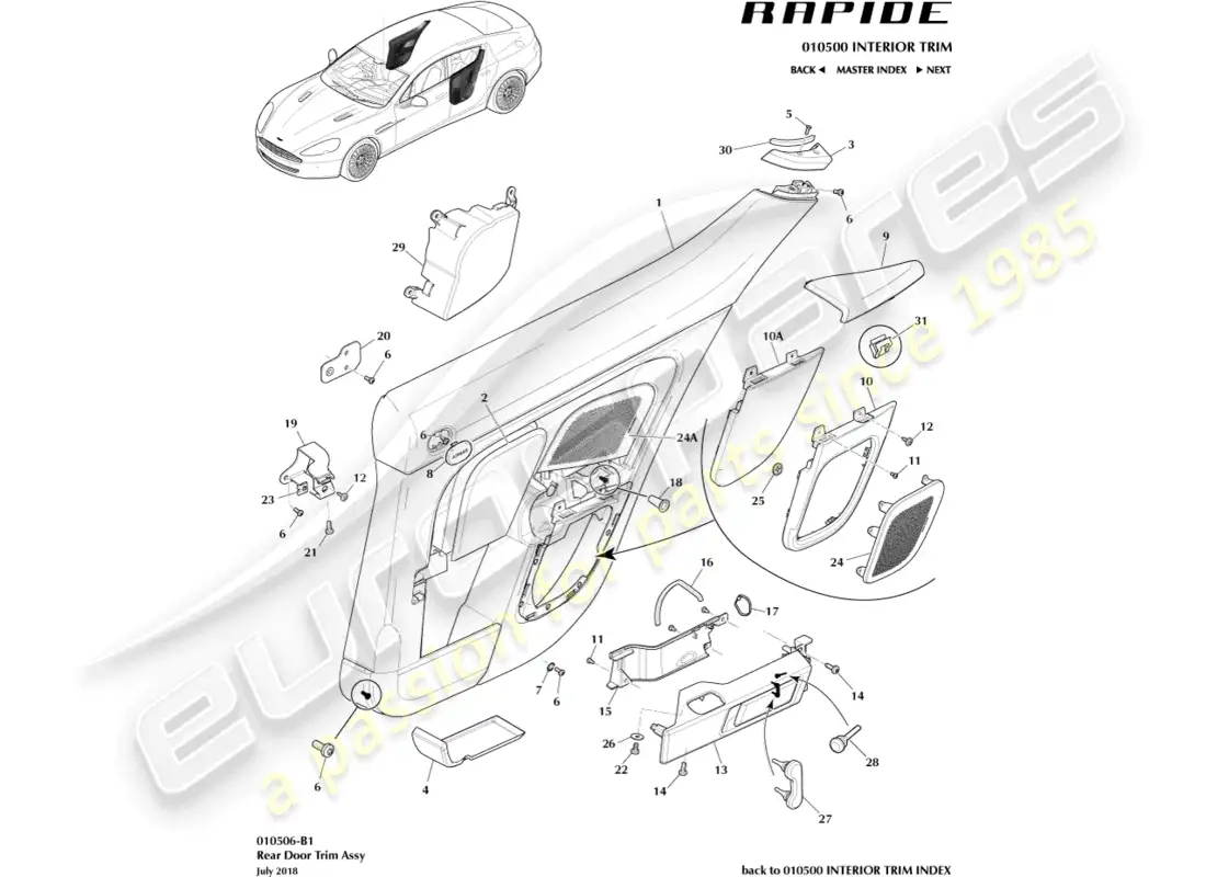 aston martin rapide (2010) panel de ajuste de la puerta trasera diagrama de piezas