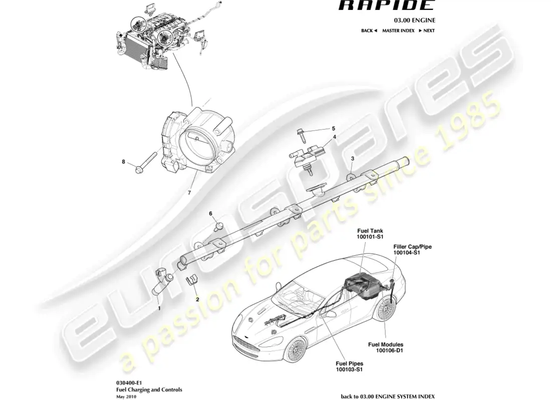 aston martin rapide (2012) controles y carga de combustible diagrama de piezas