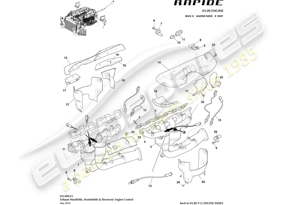 aston martin rapide (2012) colectores de escape diagrama de piezas