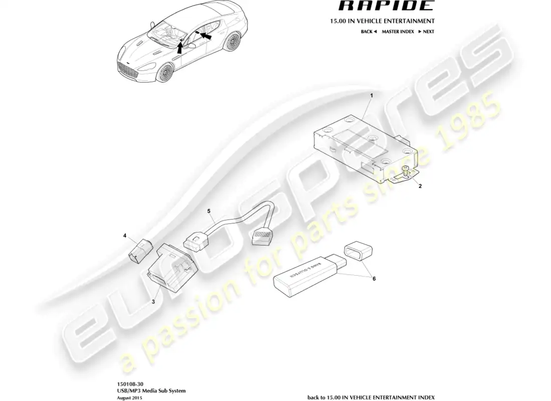 aston martin rapide (2010) mp3/usb subsistema de medios diagrama de piezas