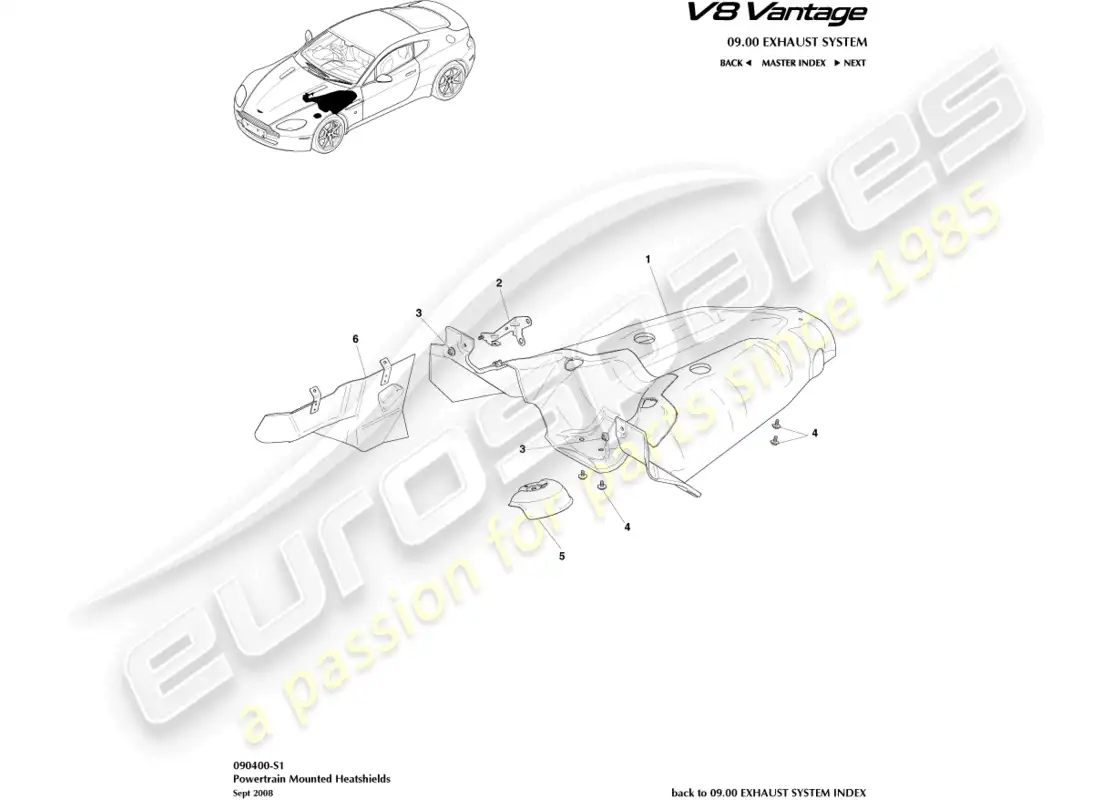 aston martin v8 vantage (2008) diagrama de piezas del subsistema heatshield