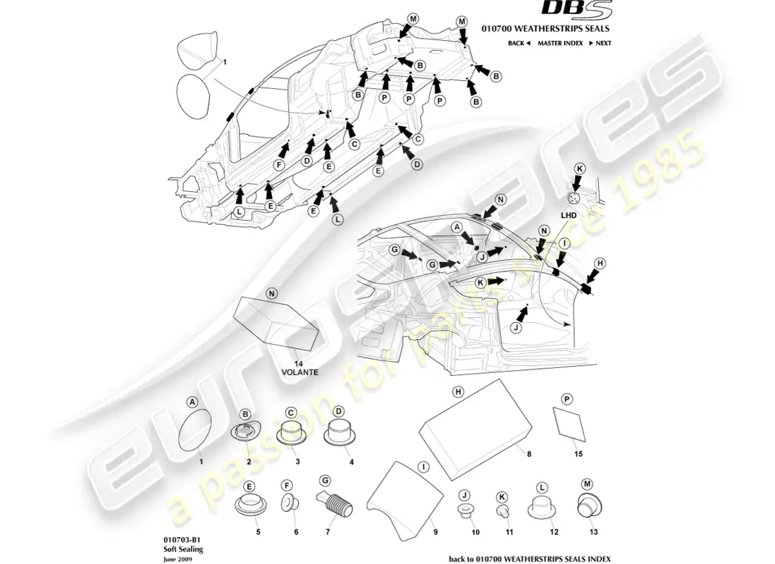 aston martin dbs (2007) sellado suave diagrama de piezas